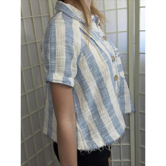 We the Free Classic Boho‎ Beach Gauze Cropped Fringe Striped Button Blouse Small - Picture 7 of 15